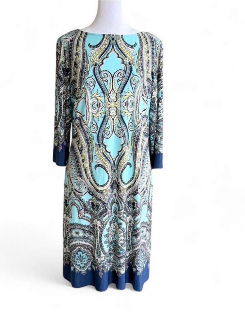 London Style Aqua Paisley-Print Long Sleeve Shift Dress with Navy Trim